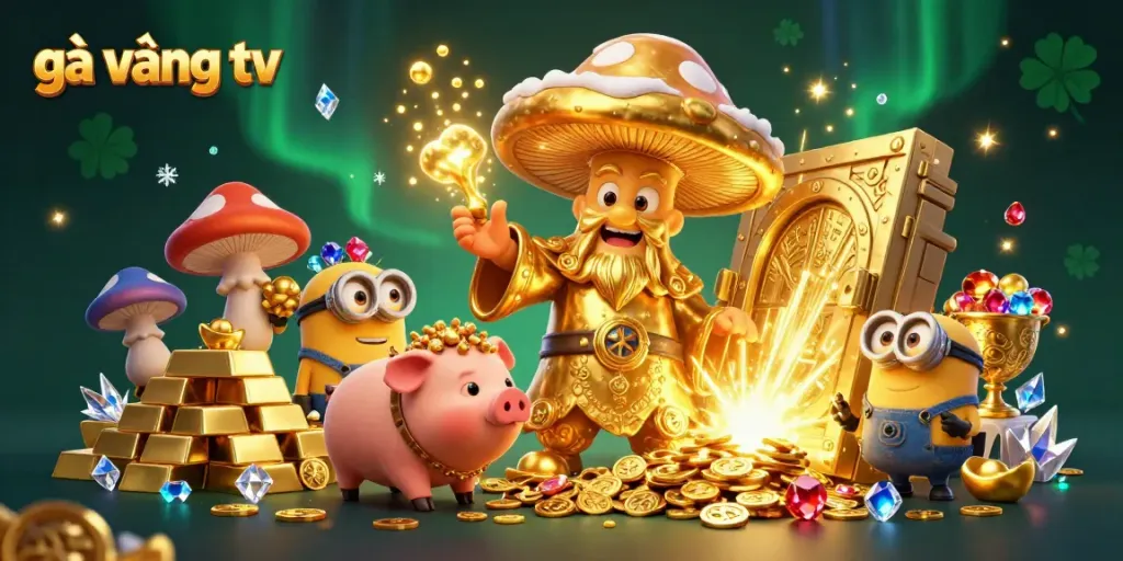 Experience the thrill of gà vàng tv with a magical gaming scene featuring gold treasures and whimsical characters.