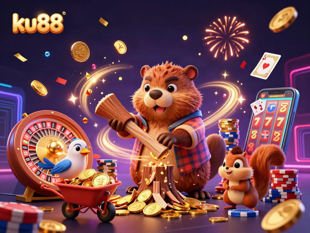 ku88 showcases a vibrant 3D cartoon scene with characters collecting gold coins amidst casino-themed elements.