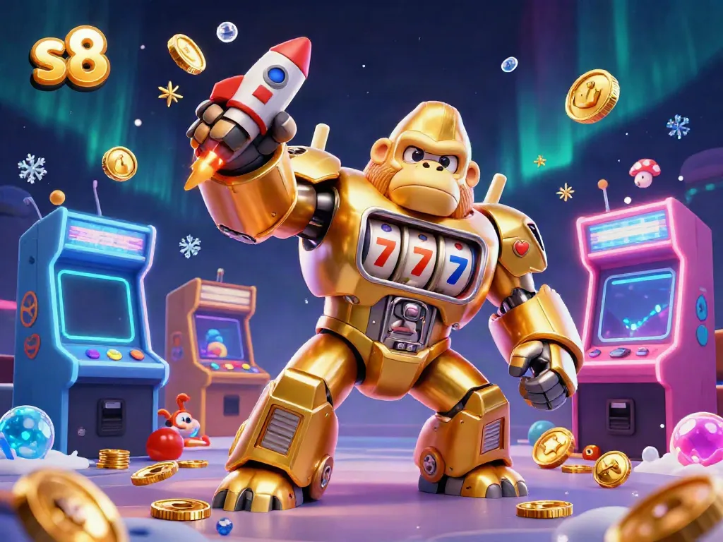 Engage with S8 and experience thrilling slot mechanics from a golden gorilla mech in action.