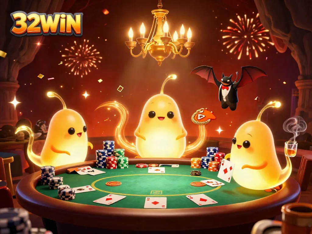 Experience thrilling gameplay at 32WIN with glowing characters illuminating a vibrant casino atmosphere.