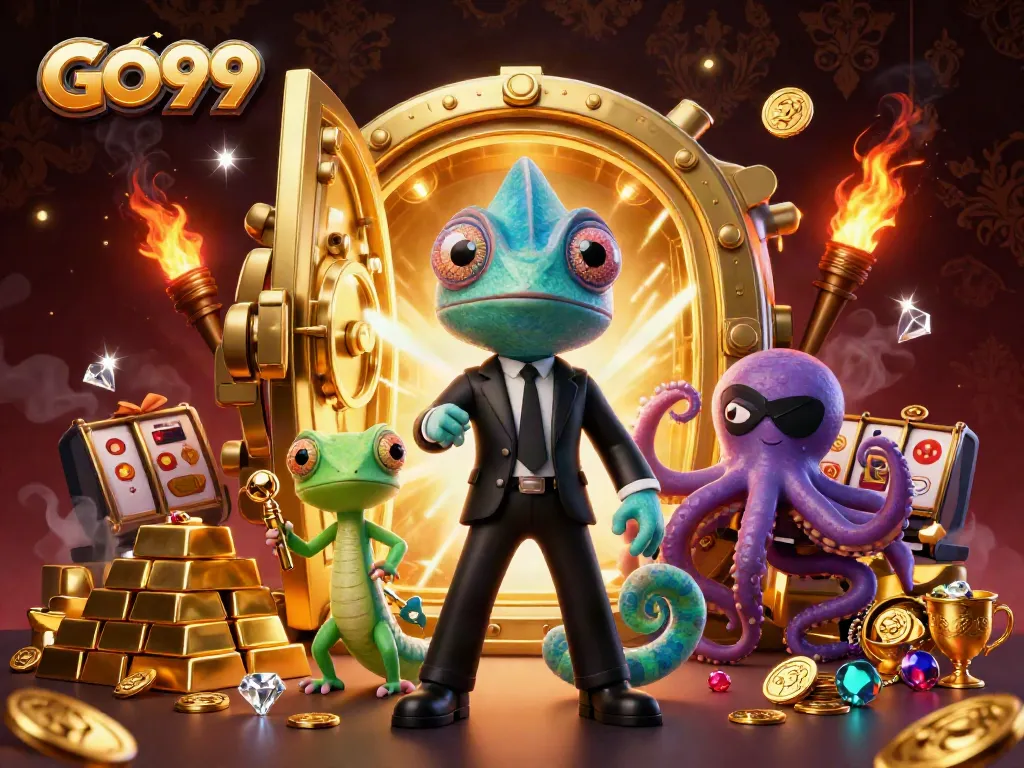 Experience the thrill of GO99 with secret agents and treasure in a vibrant casino scene.