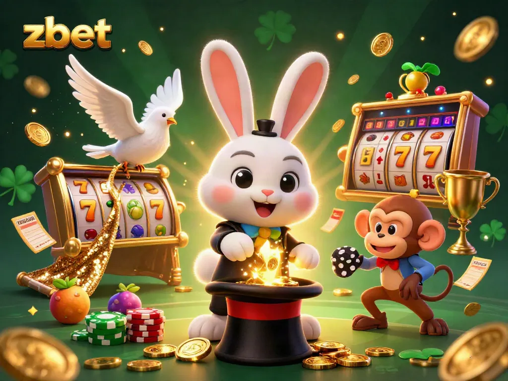 Engage with zbet's thrilling slot games featuring a magical rabbit, dove, and monkey surrounded by golden coins and jackpot symbols.