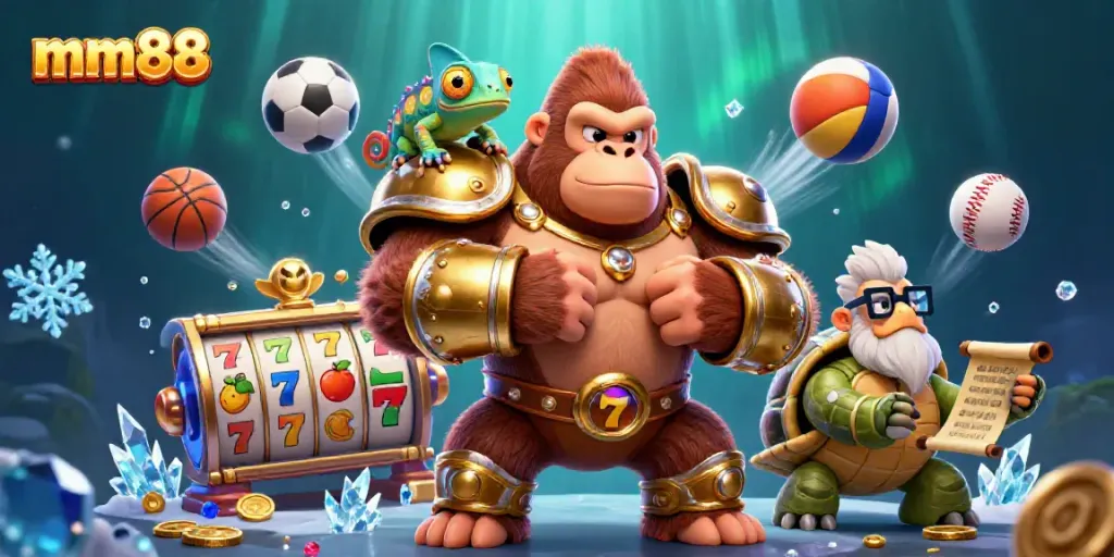 Experience high-stakes excitement with mm88's captivating 3D casino scene featuring a powerful gorilla and vibrant game elements.