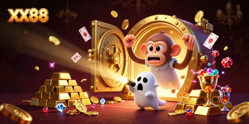 Experience the mystique of XX88 Casino with a playful poltergeist juggling gold in a haunted setting.