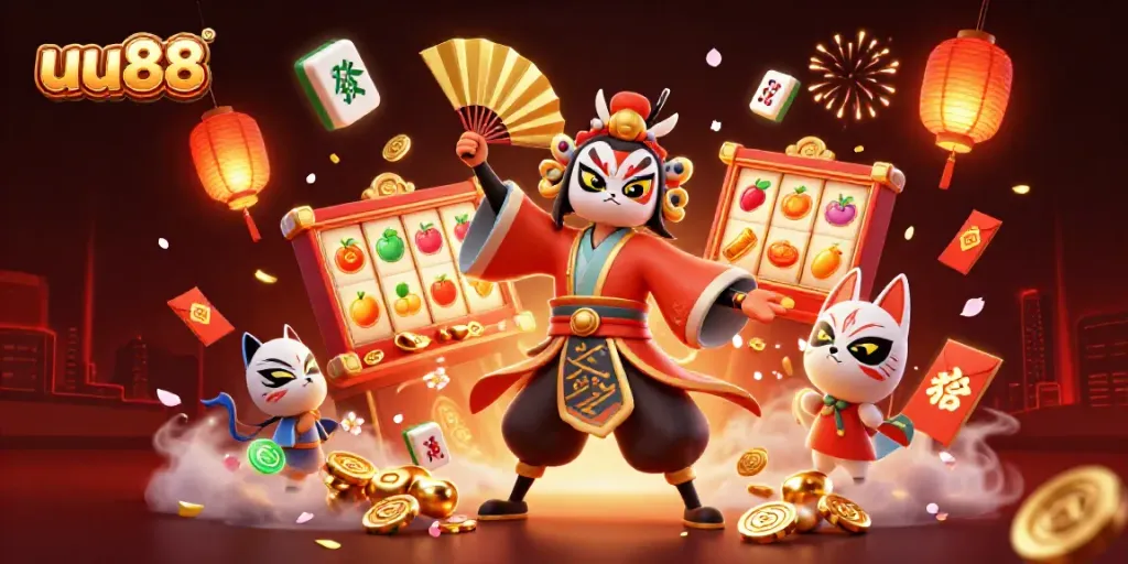 Engage with the dynamic atmosphere of uu88 featuring vibrant slot reels and spirited characters in action.