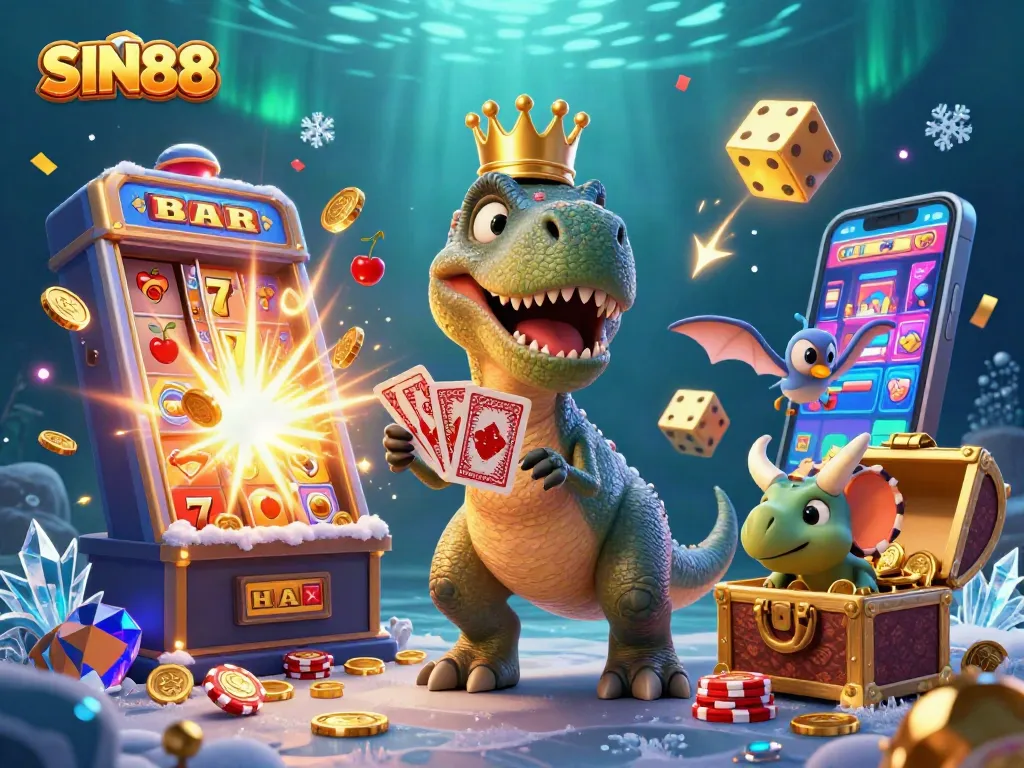 SIN88 casino scene featuring a friendly T-Rex shuffling cards and baby triceratops stacking chips amidst dynamic slot machine action.