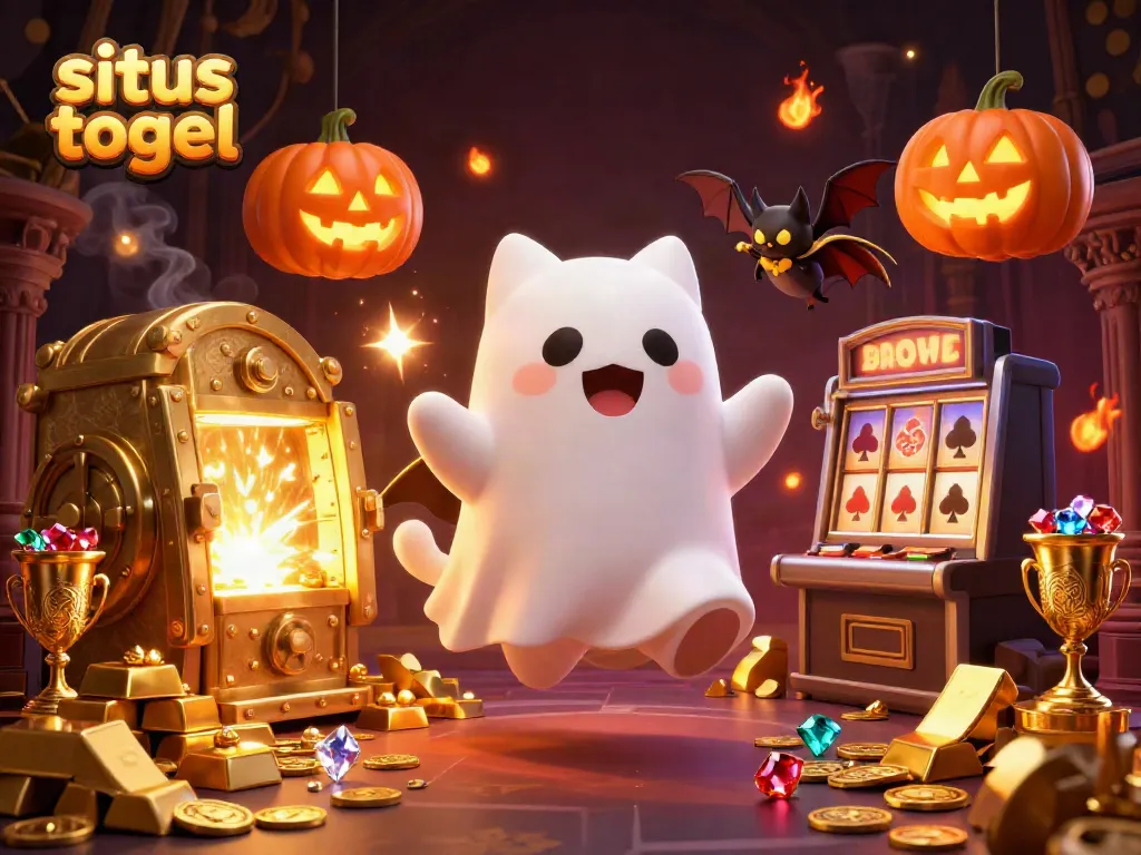 Situs togel players enjoy a festive casino atmosphere with friendly ghost cat and vampire bat characters.
