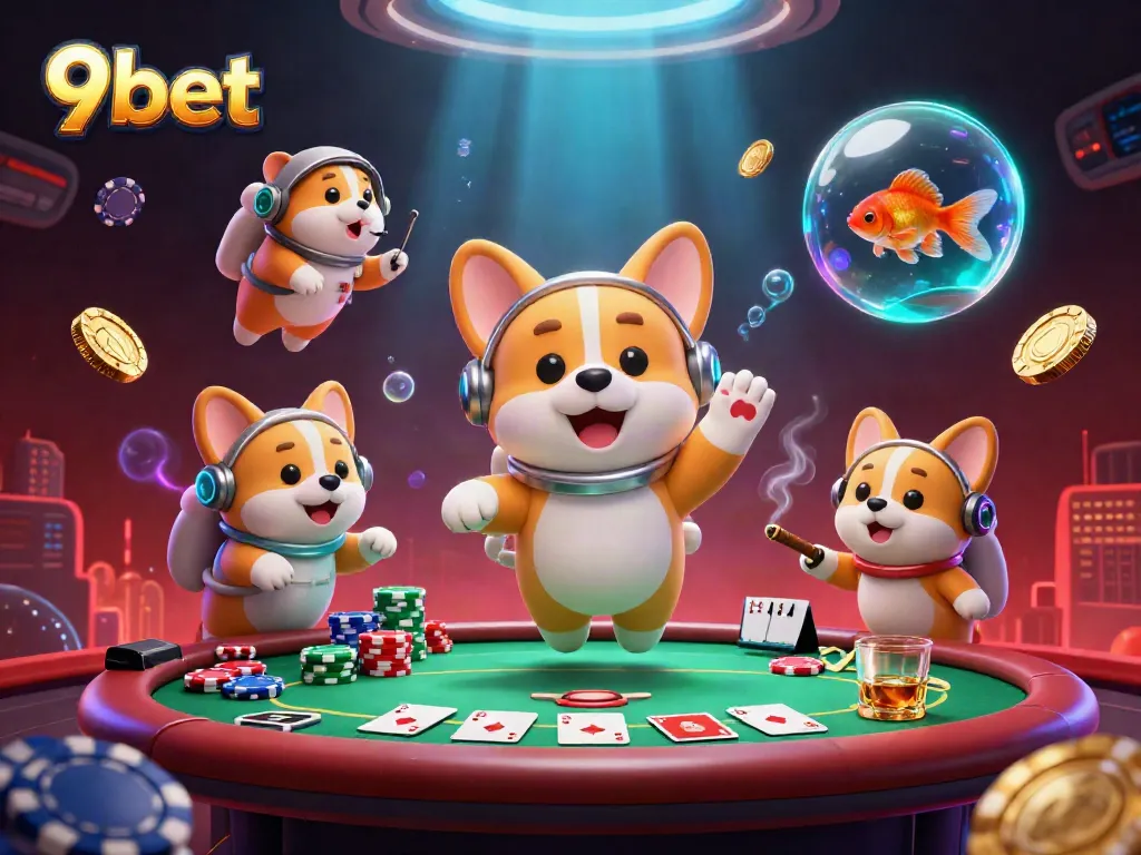 9bet casino scene with a floating Corgi, poker elements, and adventure in space