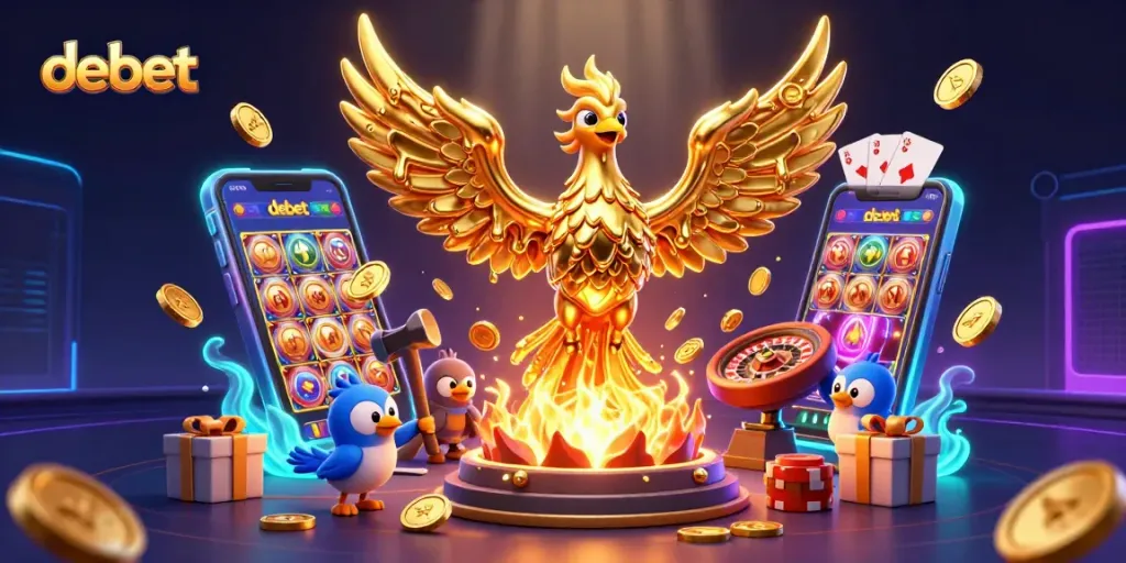 Play exciting games and win big with debet, showcasing vibrant casino elements and a golden phoenix.