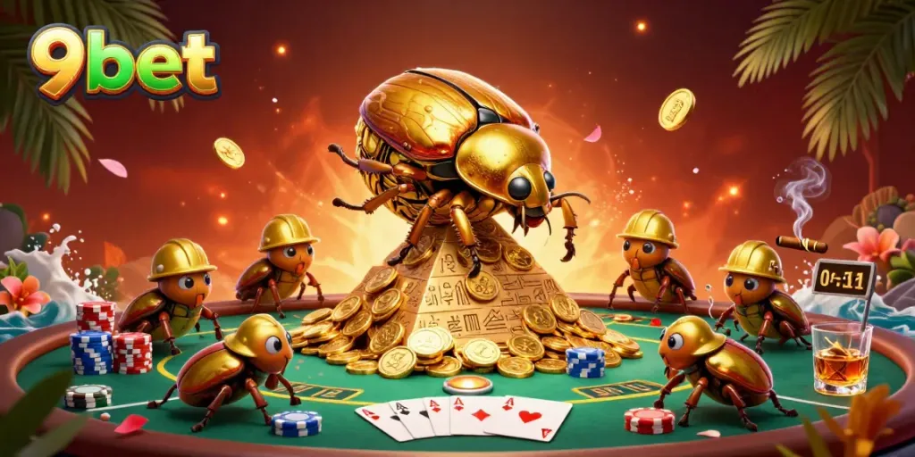 Engage in thrilling gameplay at 9bet with vibrant casino scenes, golden coins, and poker excitement.