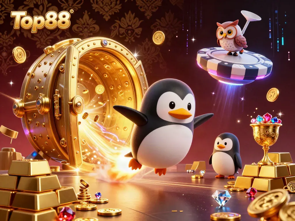 Top88 penguin soars towards a casino space station, abundant with gold and gems.