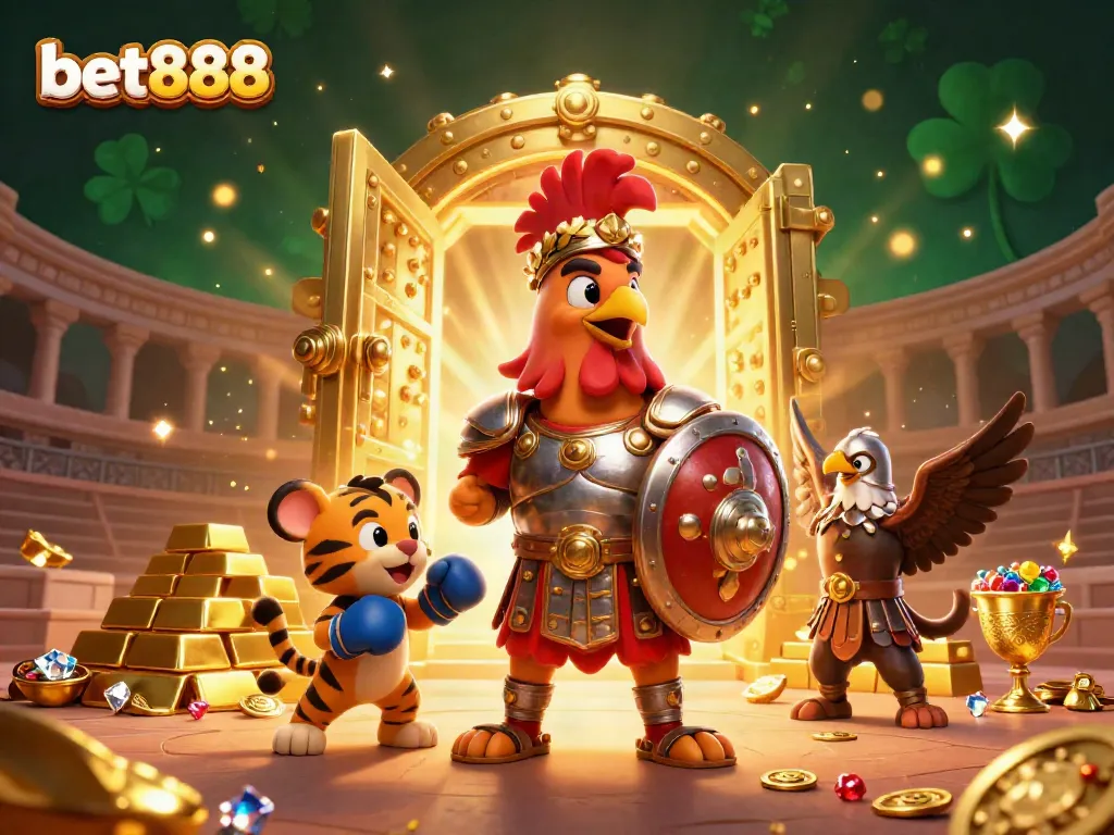 Experience the thrill of bet888 with a 3D gladiator rooster in a vibrant casino arena, surrounded by treasure.