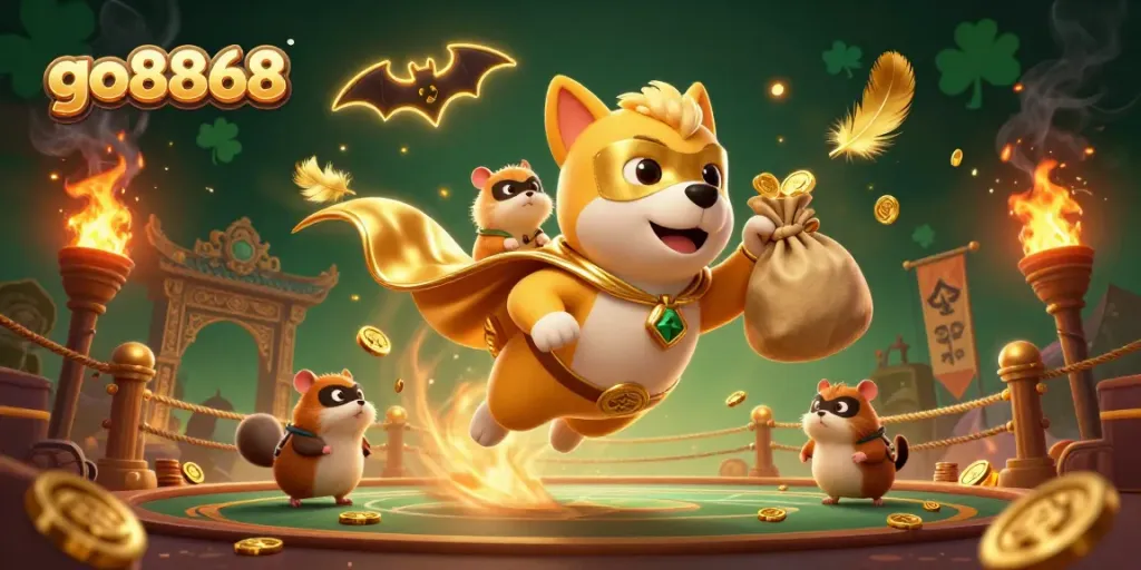 Win big with go8868 in this dynamic 3D illustration featuring a superhero dog and hamster.