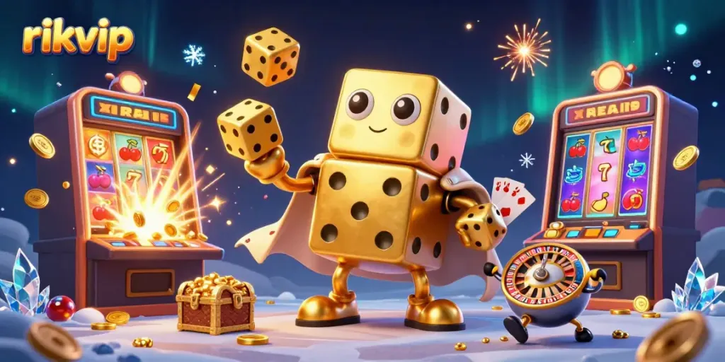 Experience the dynamic thrill of rikvip with a vibrant 3D casino scene showcasing games and golden dice.
