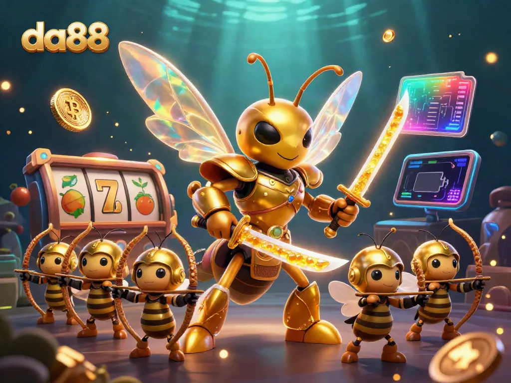 Engage with da88 through a vibrant 3D illustration of a samurai hornet wielding katanas amidst colorful slot machines.