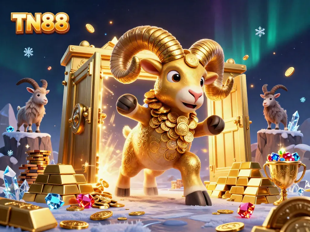 Engage with TN88 where a golden ram charges into a treasure vault amidst dazzling gaming elements.