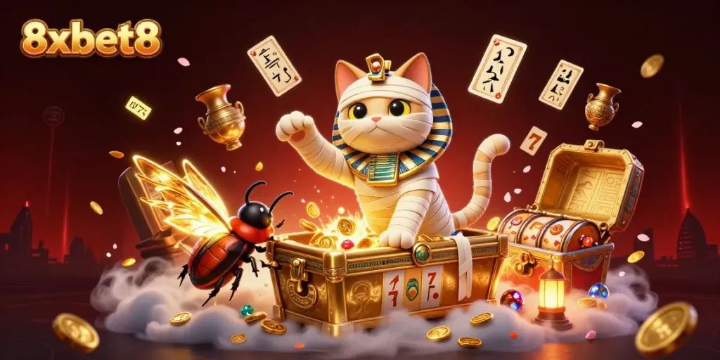 Experience thrilling gameplay at 8xbet8 with a 3D cartoon Egyptian mummy cat and dynamic casino elements.