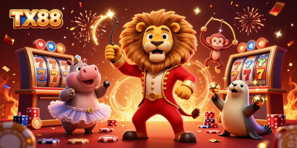 Experience excitement at TX88 with lively characters amidst slot games and festive fireworks.