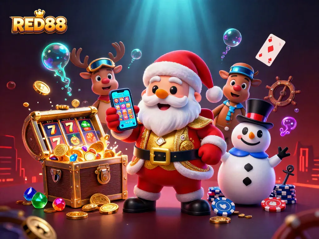 Experience the excitement of RED88 with Santa and friends celebrating jackpot wins in a vibrant casino.