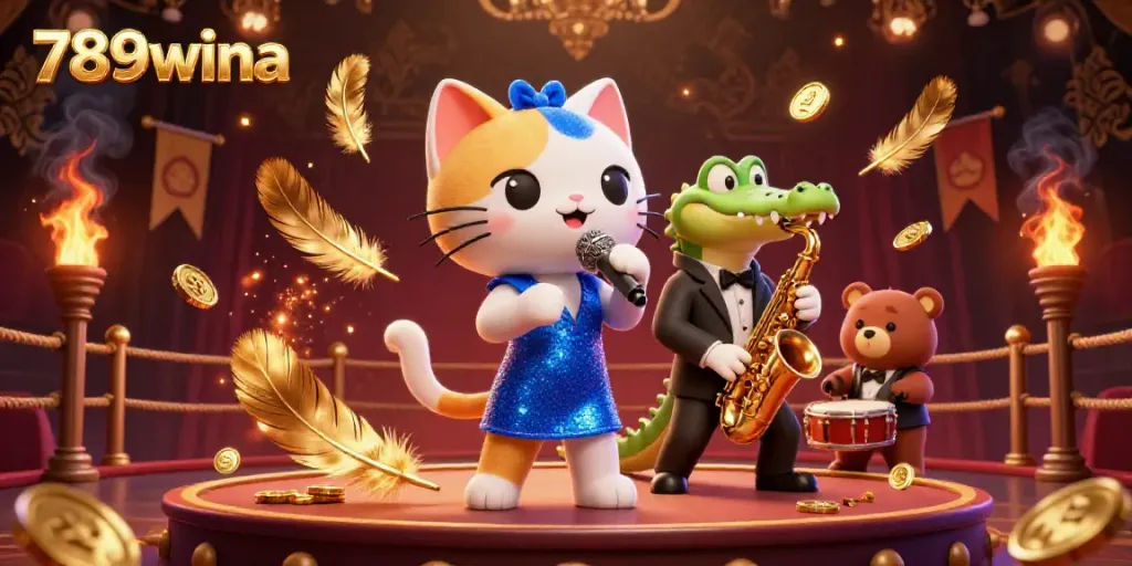 Experience the excitement of 789wina's vibrant casino scene with lively characters and gold tokens.