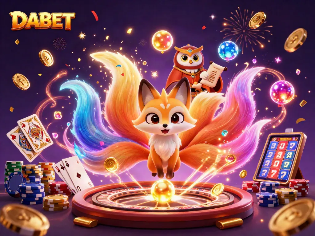 DABET features a vibrant casino scene with an animated nine-tailed fox and glowing orbs gambling amidst gold coins and roulette wheels.