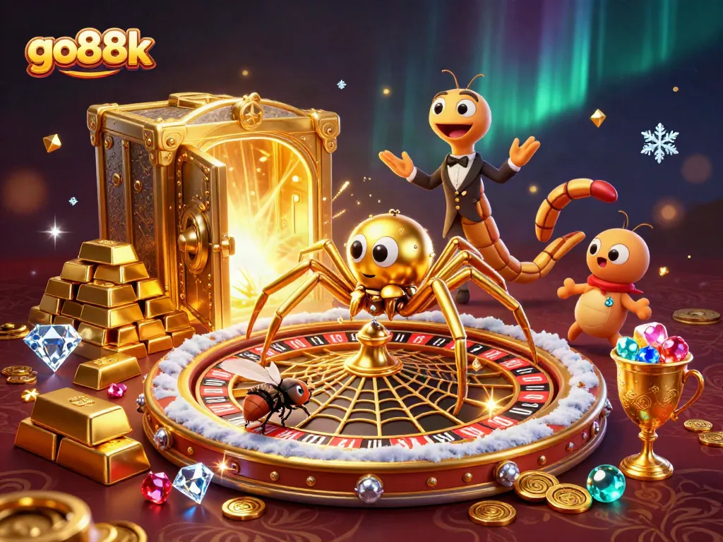 Place your bets at go88k with a golden spider spinning a roulette wheel web in an exciting casino scene.