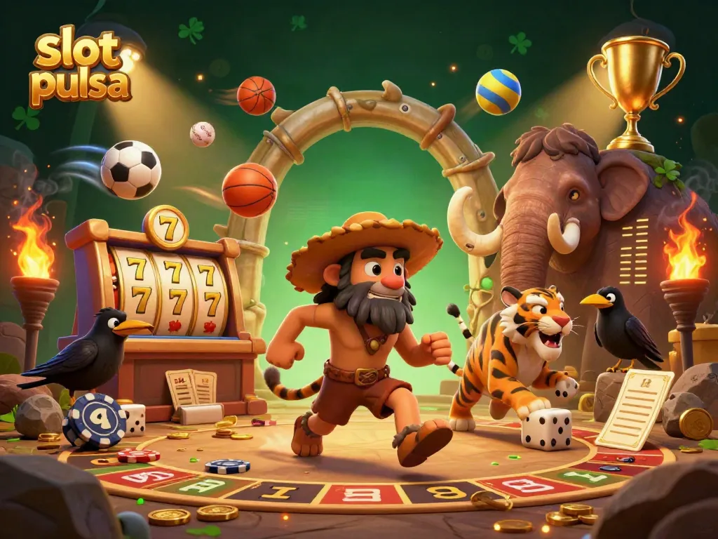 Engage in slot pulsa excitement with a whimsical prehistoric scene featuring a caveman and a tiger in a vibrant casino.
