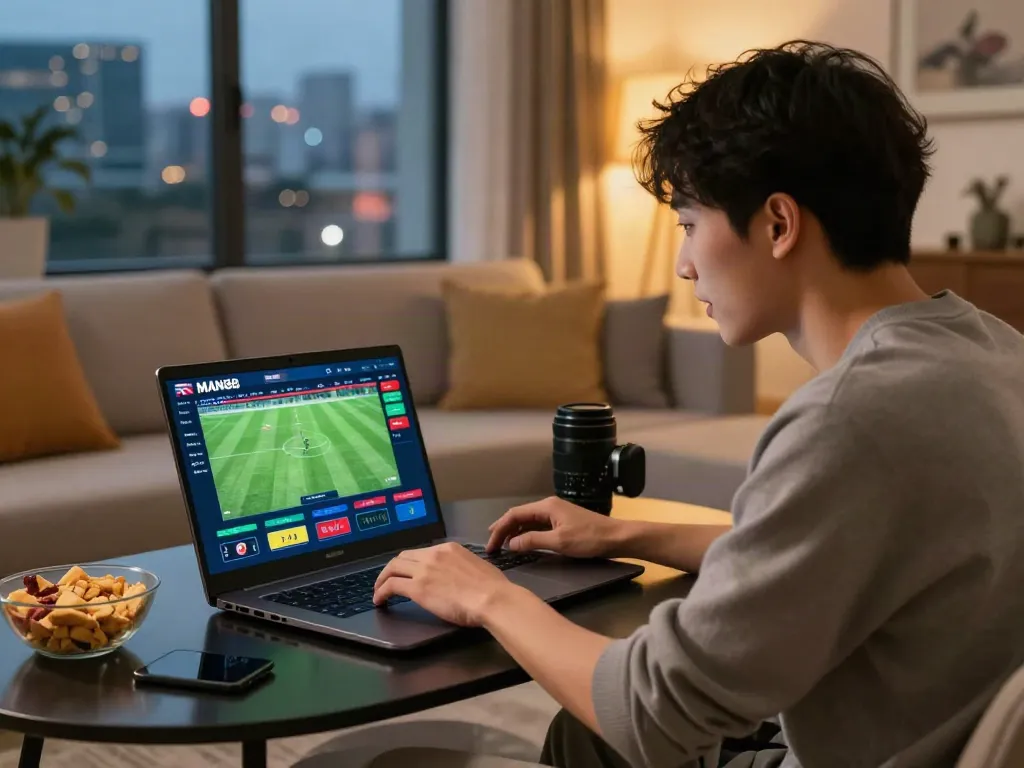 Engaged user enjoying MAN88 online betting on a laptop in a modern living room.