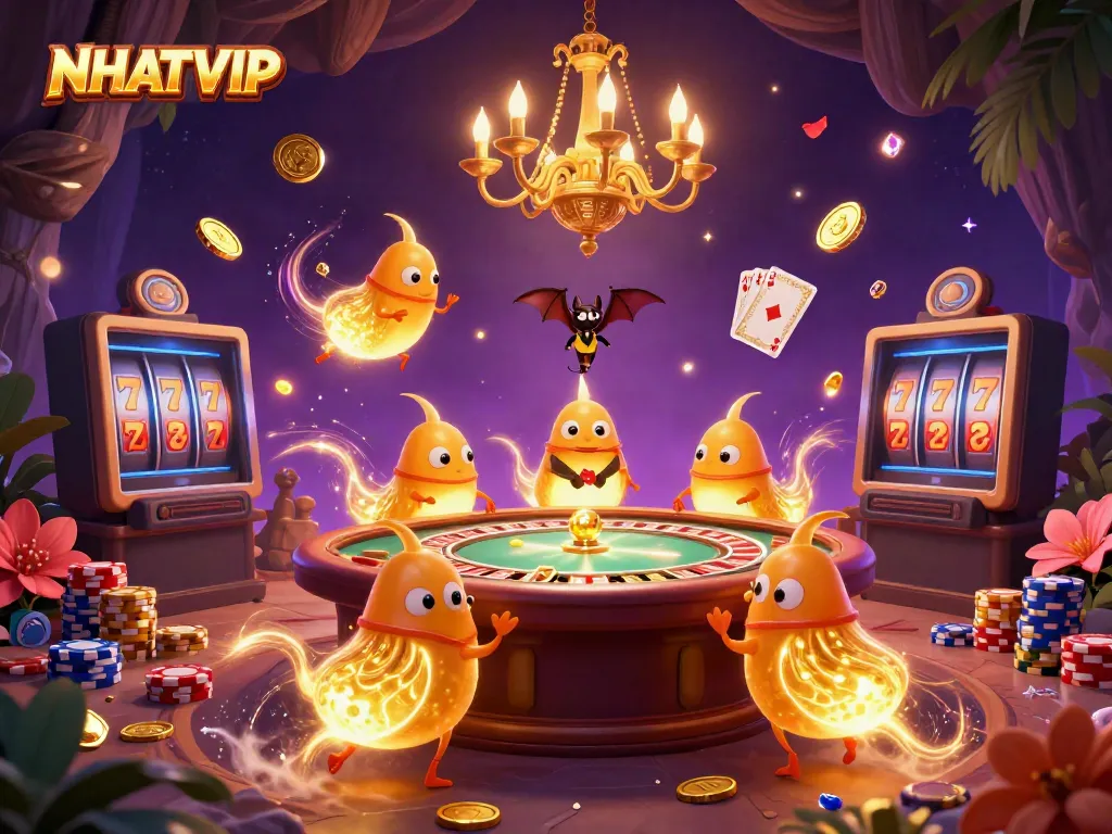 Experience NHATVIP as glowworms illuminate a vibrant cave casino with golden elements