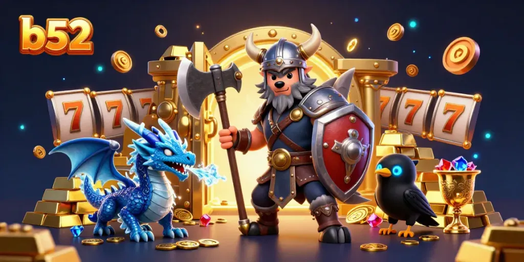 Experience thrilling b52 casino adventures with a Viking warrior, dragon, and treasures.