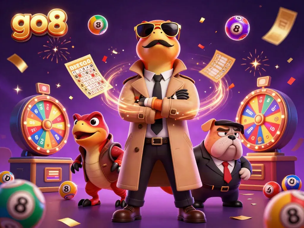Experience the excitement of go8 with raptors in a trench coat attempting VIP entry amidst swirling lottery elements in a casino.