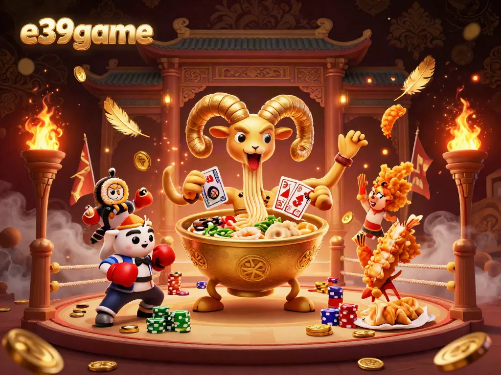 Experience the vibrant energy of e39game in this 3D illustration featuring quirky casino characters among golden thematic elements.