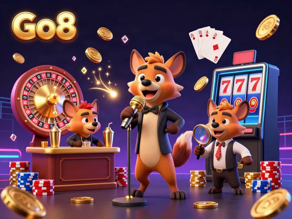 Experience the excitement at Go8's premium casino club with lively hyenas showcasing games and drinks.
