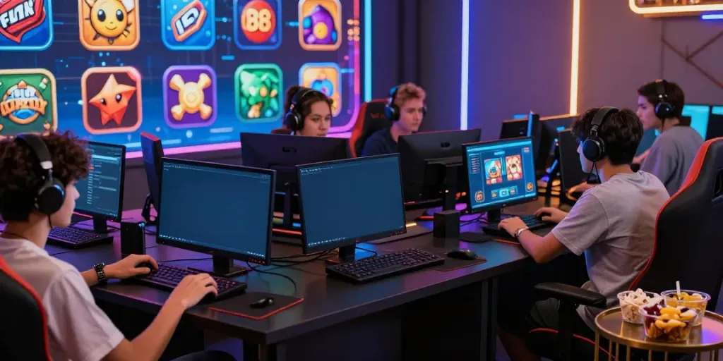 Players enjoying slot88 games on various devices in a vibrant gaming environment.