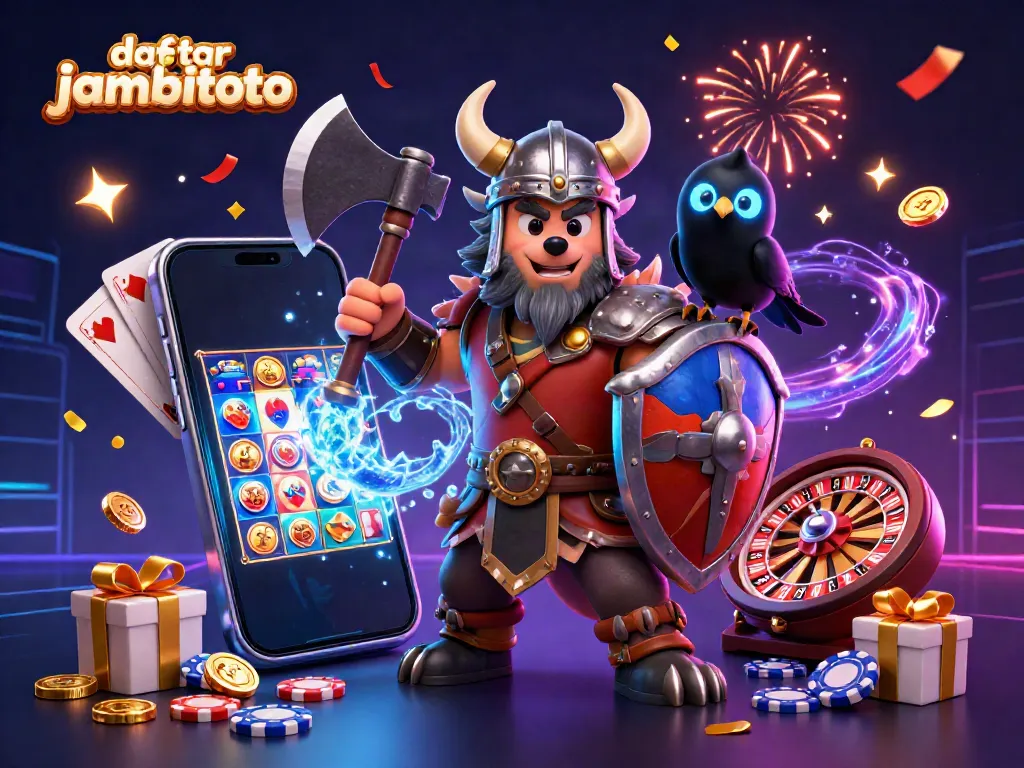 Engage with daftar jambitoto through a vibrant illustration featuring a Viking warrior, dragon, and casino symbols.