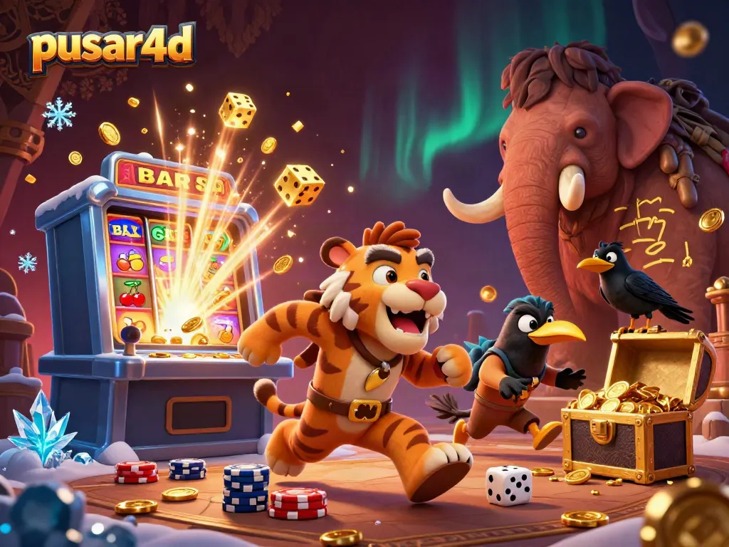 Pusar4d combines a lively caveman and sabertooth duo, fun slot machines and vibrant casino elements in this vibrant gambling illustration.