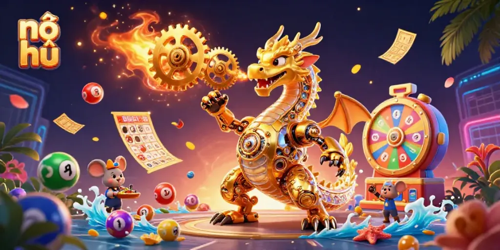 Engage in nổ hũ action surrounded by vibrant lottery balls, spinning wheels, and a dynamic gold dragon.