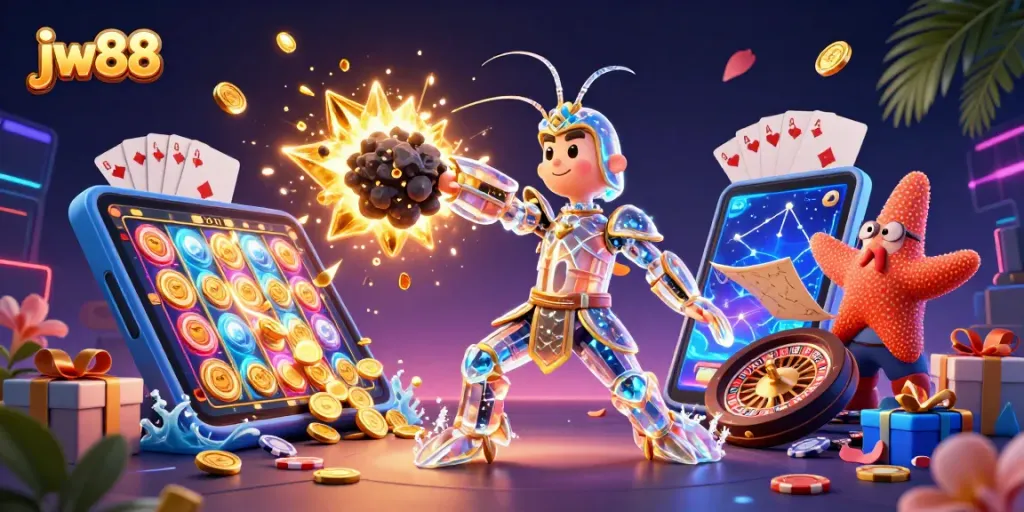 Experience jw88's thrilling action with 3D mantis shrimp in a vibrant casino fantasy scene.