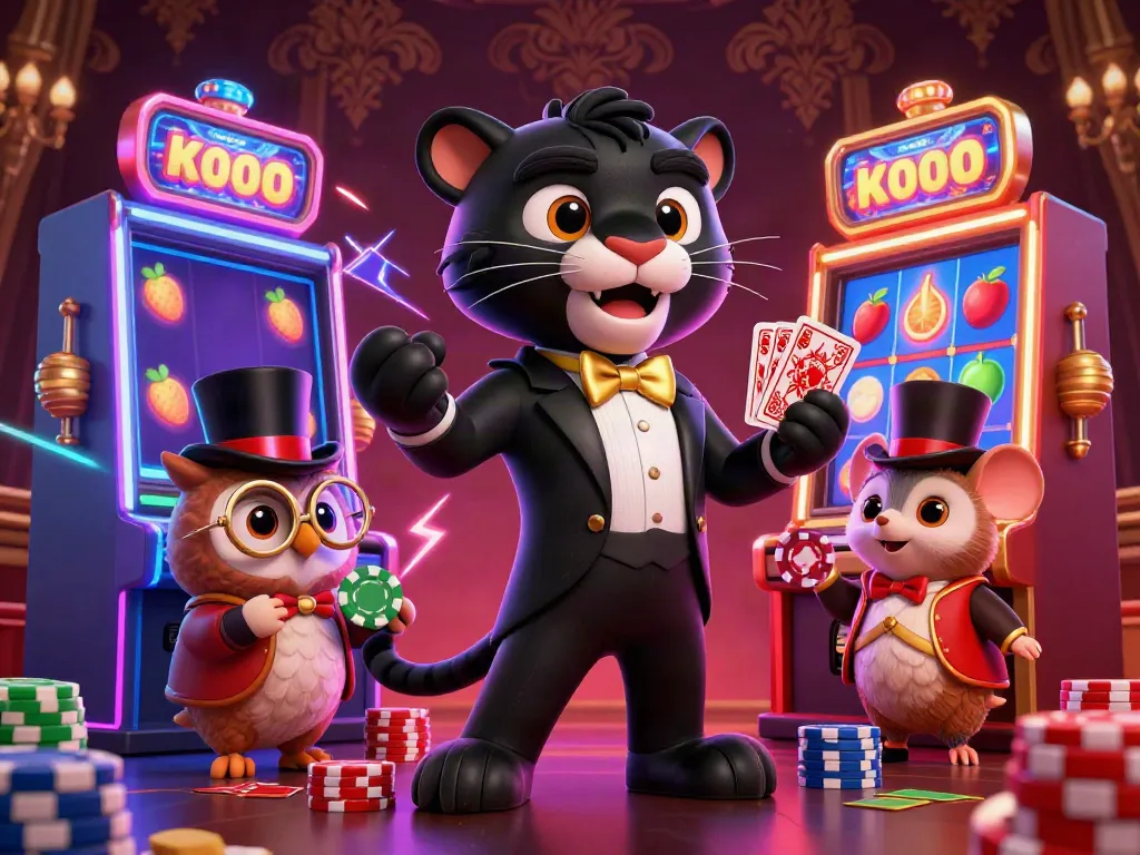 Experience the thrilling world of b52 casino with a stylish panther dealer, an owl holding chips, and vibrant slot machines.