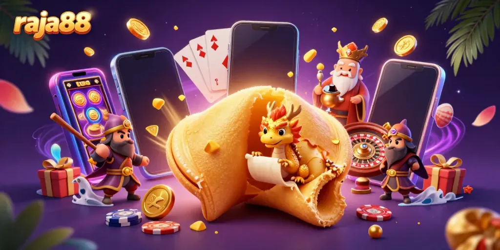 Engage in thrilling games at raja88 with a dynamic scene showcasing a golden fortune cookie, wise dragon, and vibrant casino elements.