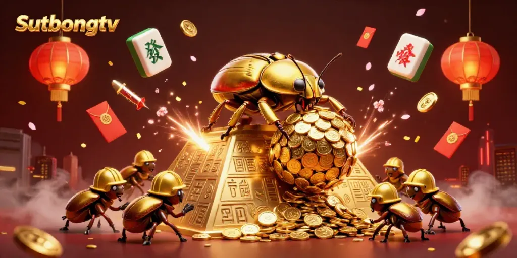 Sutbongtv presents an enchanting illustration of a golden dung beetle rolling coins, showcasing dynamic casino-themed elements.