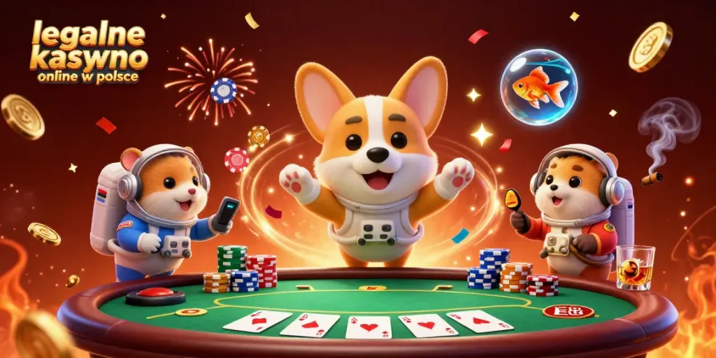 Play at legalne kasyno online w polsce featuring a vibrant casino scene with floating poker chips and characters.