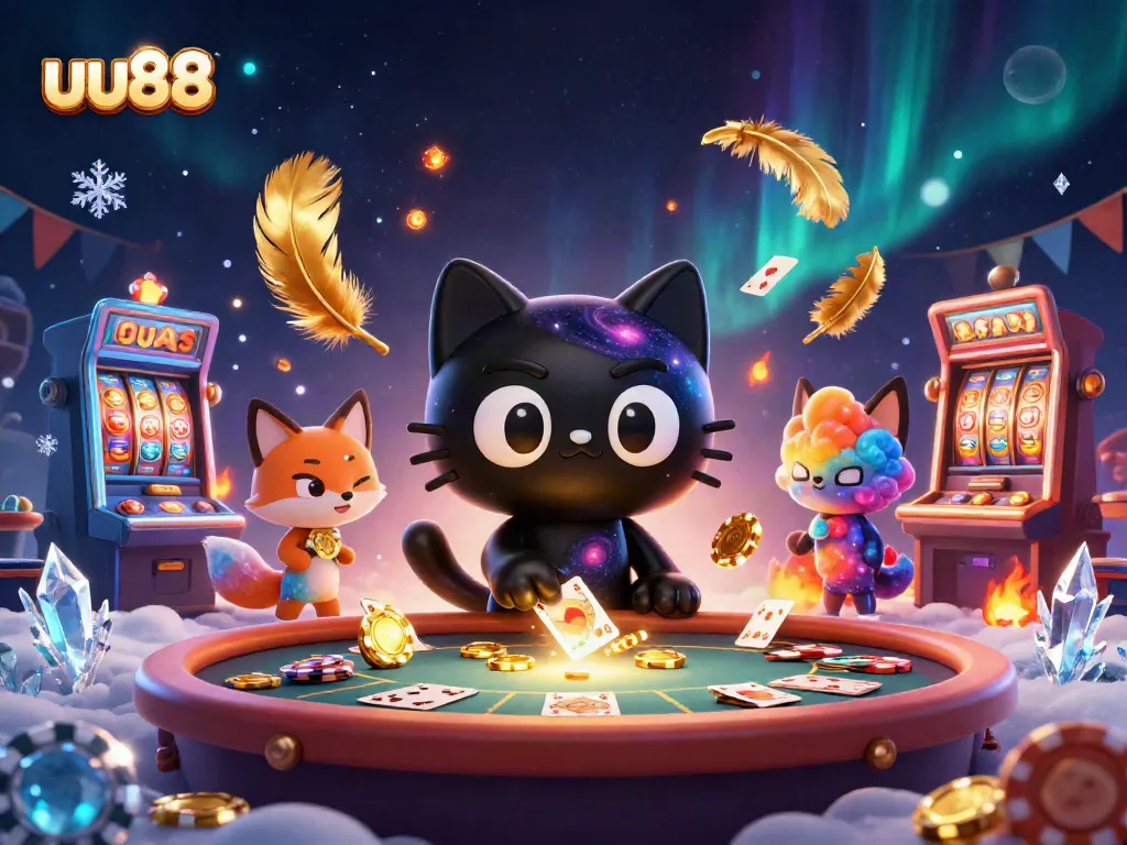 uu88 engages players at a lively cosmic casino table, surrounded by vibrant game elements.