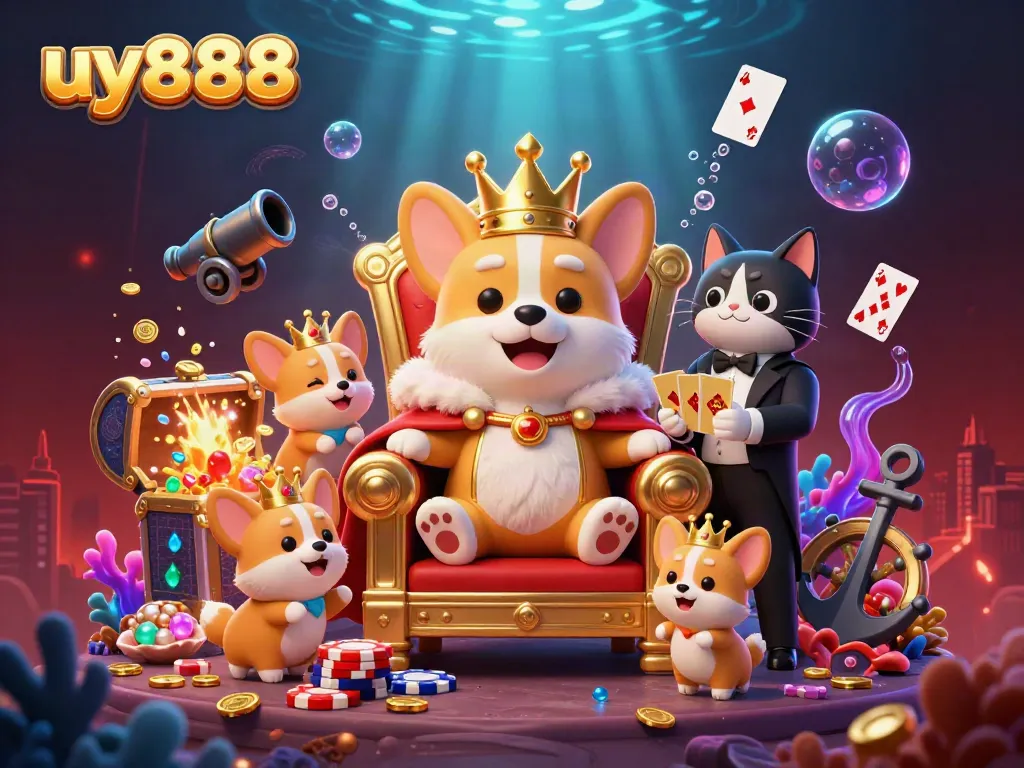 Engage in exhilarating gaming experiences at uy888 with an enchanting royal corgi surrounded by a vibrant casino-themed underwater scene.