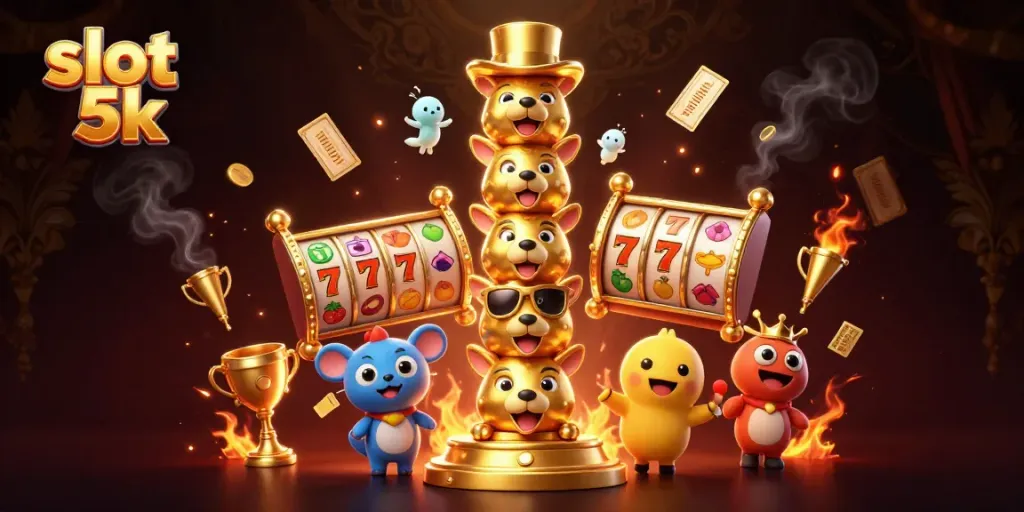Spin to win with slot 5k in a vibrant, energetic casino scene featuring a golden totem pole and dynamic game elements.
