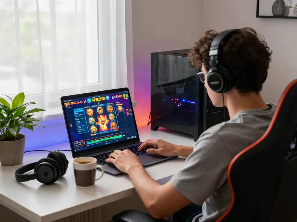 Player engaged in situs slot gacor gaming session at home with vibrant graphics and cozy setup.