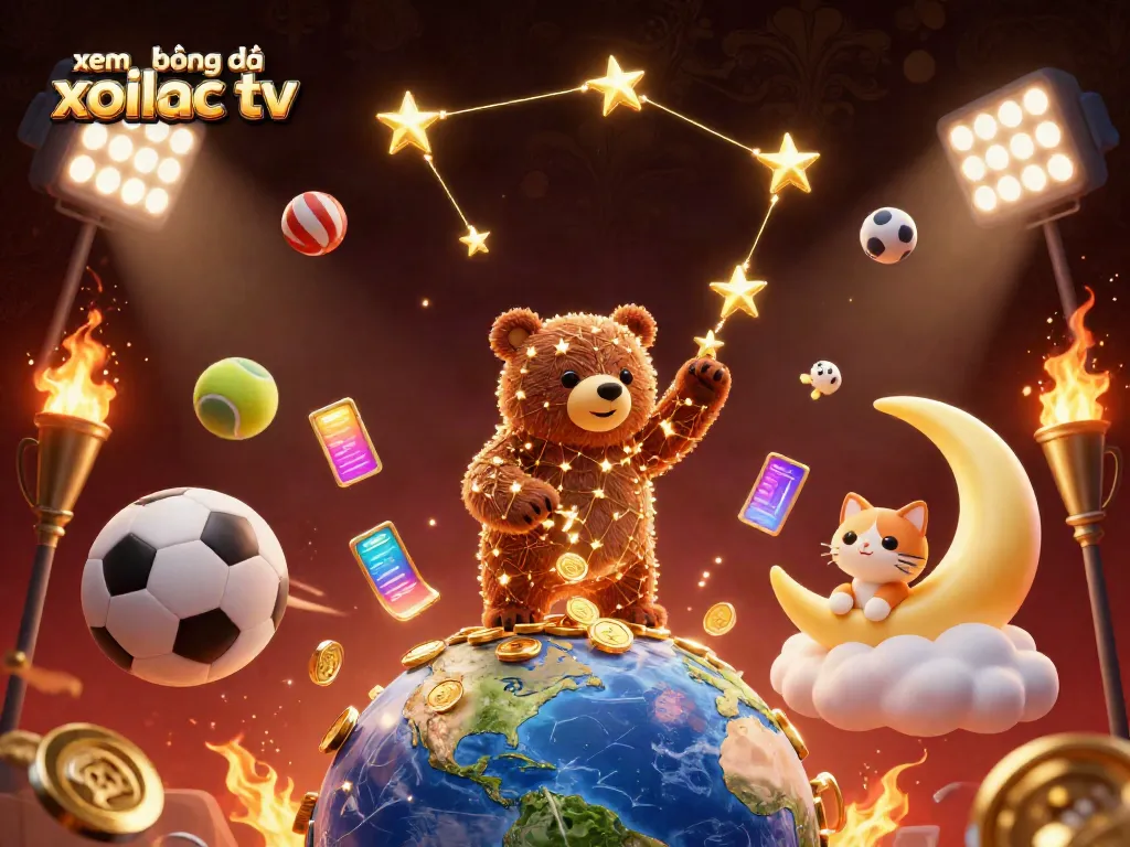Xem bóng đá xoilac tv shows dynamic 3D scene with constellation bear and soccer balls for betting excitement.