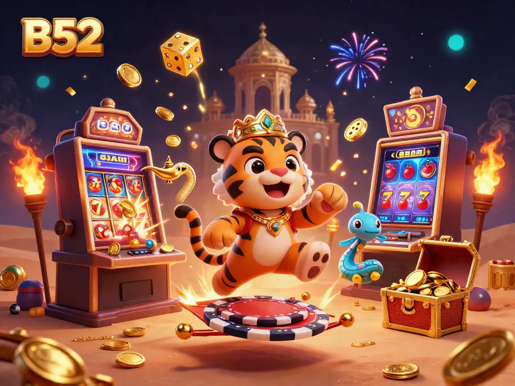 Experience the magic of B52 with a vibrant casino scene featuring a tiger sultan and dynamic game elements.