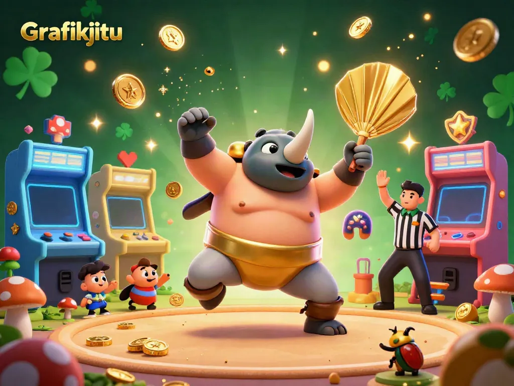 Experience the excitement of Grafikjitu as the beetle champion triumphantly stomps, spreading gold coins in this casino-themed illustration.