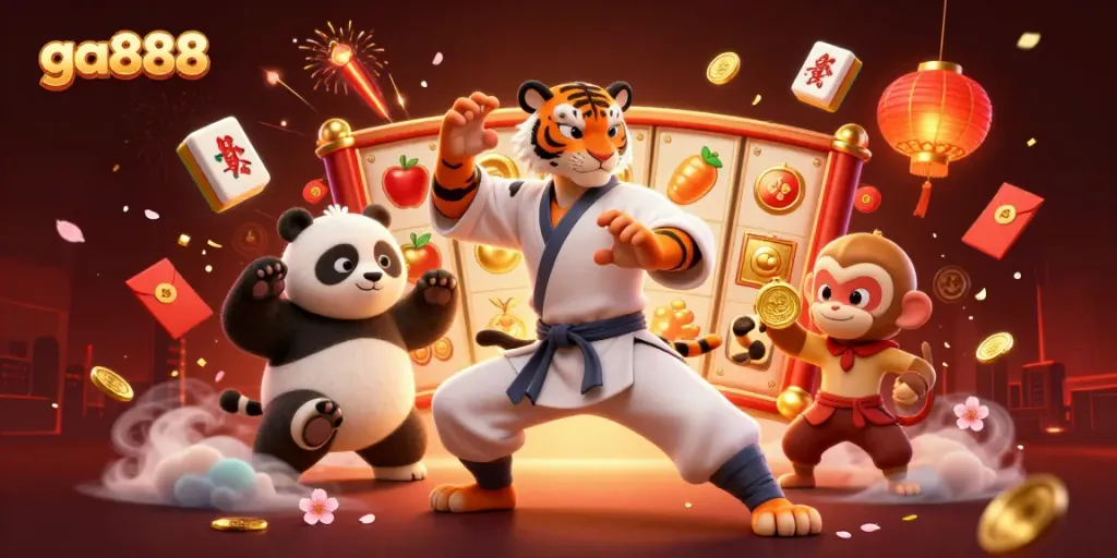 Experience the excitement at ga888 with dynamic 3D characters celebrating casino wins amidst vibrant gaming elements.